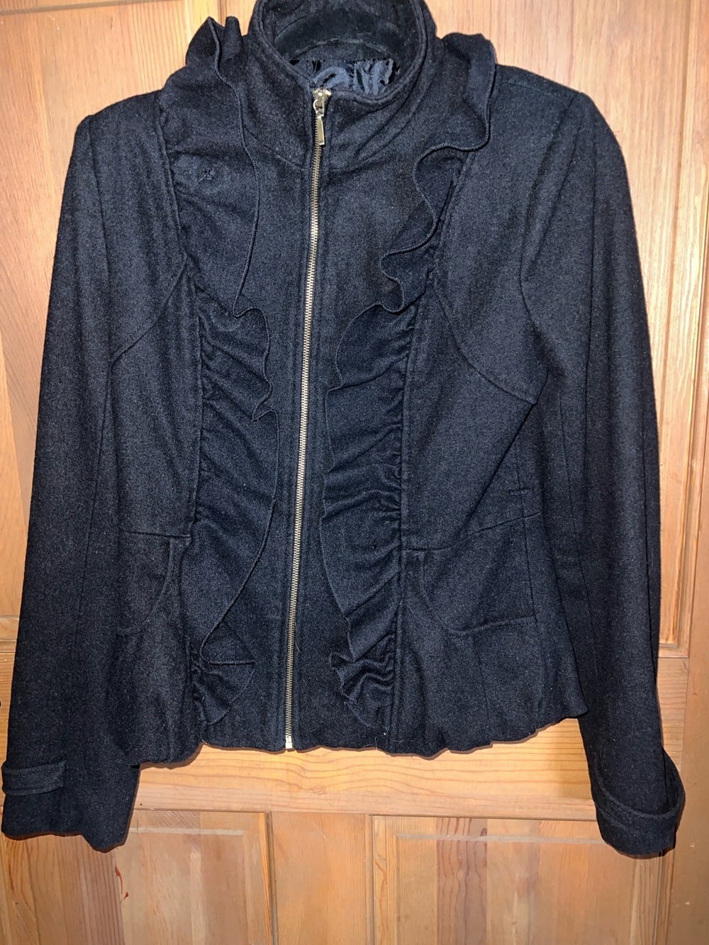 grass collection Black Ruffle Zip-Front Jacket